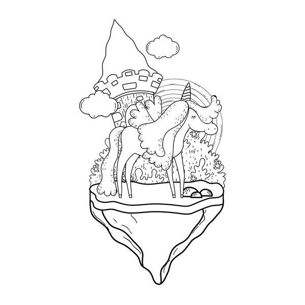 cute unicorn with castle and rainbow vector illustration design