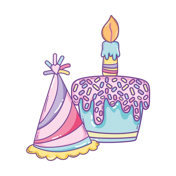 生日蛋糕与蜡烛和帽子可爱的动画片向量例证图图形设计 — 图库矢量图片