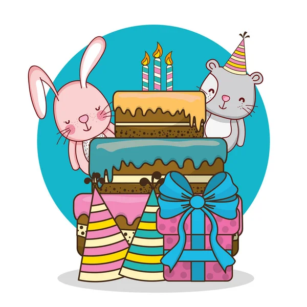 Feliz Tarjeta Cumpleaños Con Lindo Animal Dibujos Animados Vector Ilustración — Vector de stock