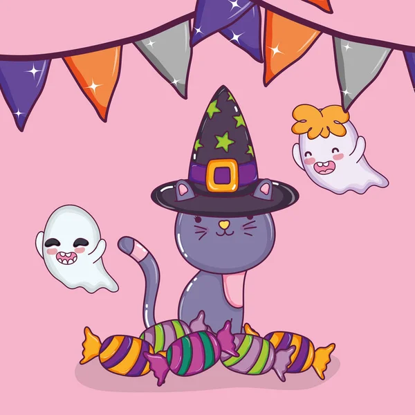 Notte Halloween Con Gatto Fantasmi Carino Cartoni Animati Vettoriale Illustrazione — Vettoriale Stock