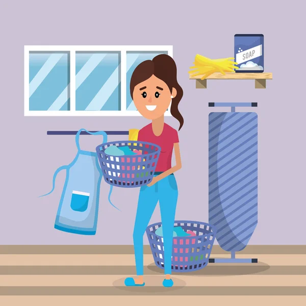 Kvinna Tvättstuga Med Apparater Tecknade Vektor Illustration Grafisk Design — Stock vektor
