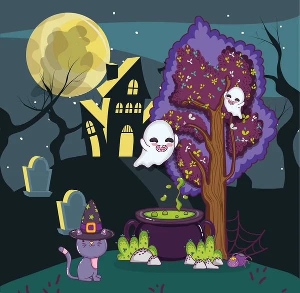 Αποκριών Χαριτωμένο Κινούμενα Σχέδια Γάτα Φαντάσματα Στο Στοιχειωμένο Σπίτι Εικονογράφηση — Διανυσματικό Αρχείο