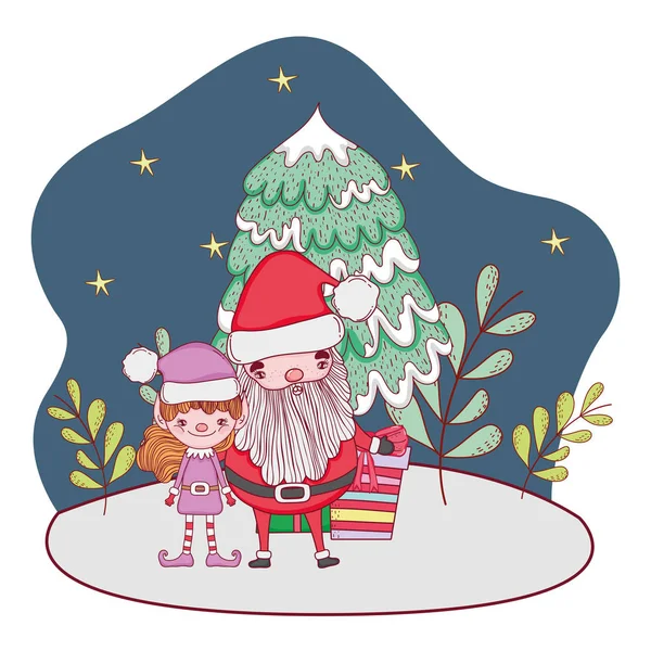 Kerstman Met Boom Helper Snowscape Vectorillustratie — Stockvector