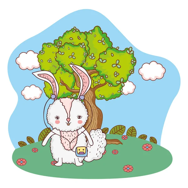 Sevimli Küçük Tavşan Ile Parkta Yürümek Illüstrasyon Tasarım Vektör — Stok Vektör