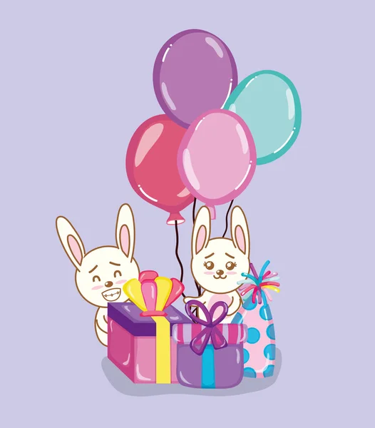 Fête Anniversaire Avec Des Lapins Mignons Dessins Animés Vectoriel Illustration — Image vectorielle