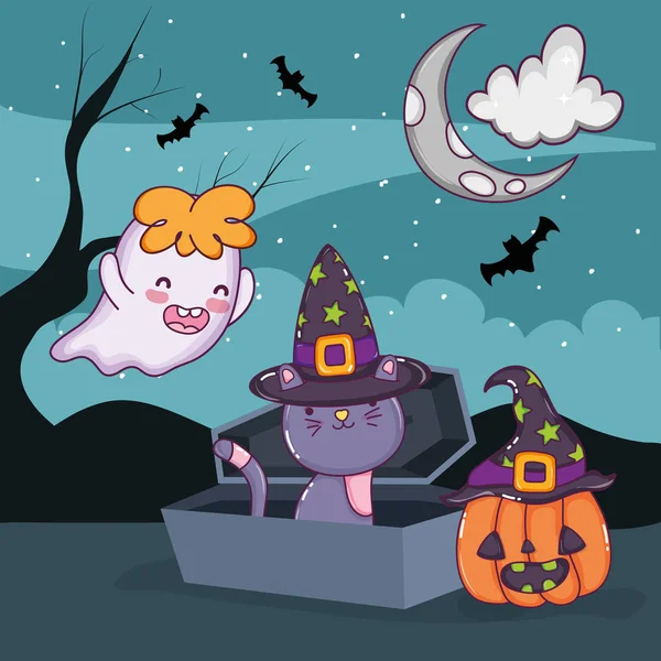 Halloween Night Cat Duch Słodkie Bajki Wektor Projekt Graficzny Ilustracja — Wektor stockowy