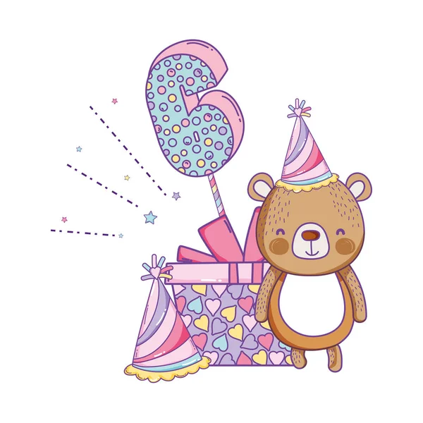 Медведь Днем Рождения Номер Шесть Подарочной Коробкой Шляпой Векторный Графический — стоковый вектор