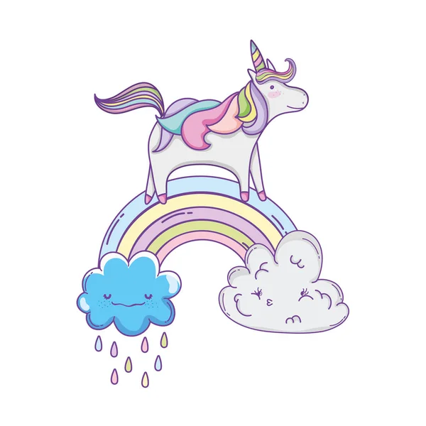 Lindo Unicornio Volando Nube Con Arco Iris Vector Dibujos Animados — Archivo Imágenes Vectoriales