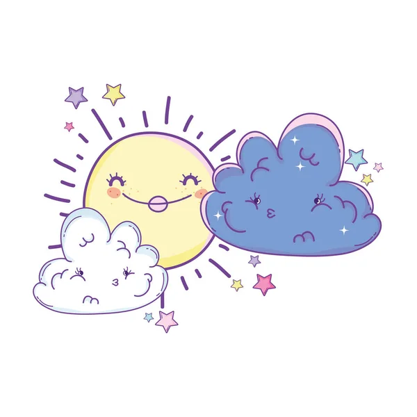 Sonne Und Traurige Wolken Mit Sternen Cartoons Vektor Illustration Grafik — Stockvektor