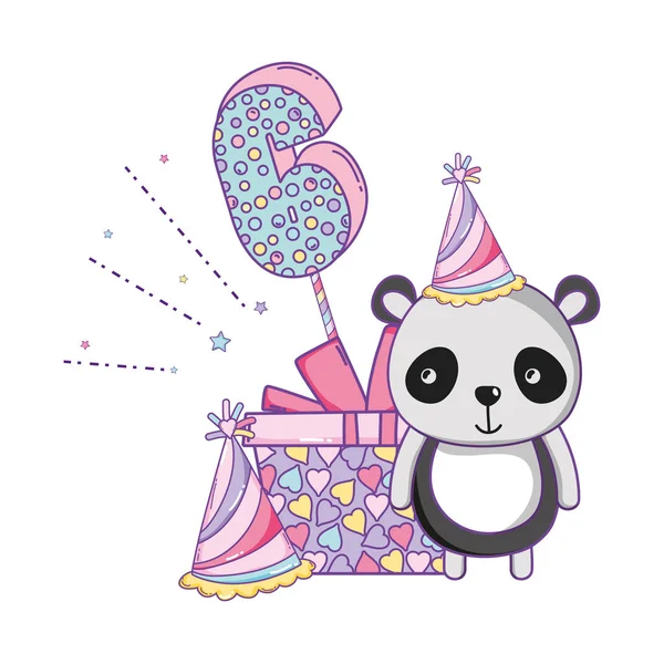 Joyeux Anniversaire Panda Ours Numéro Six Avec Boîte Cadeau Chapeau — Image vectorielle