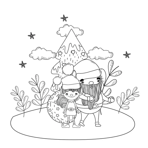Santa Claus Com Árvore Ajudante Ilustração Vetor Snowscape — Vetor de Stock