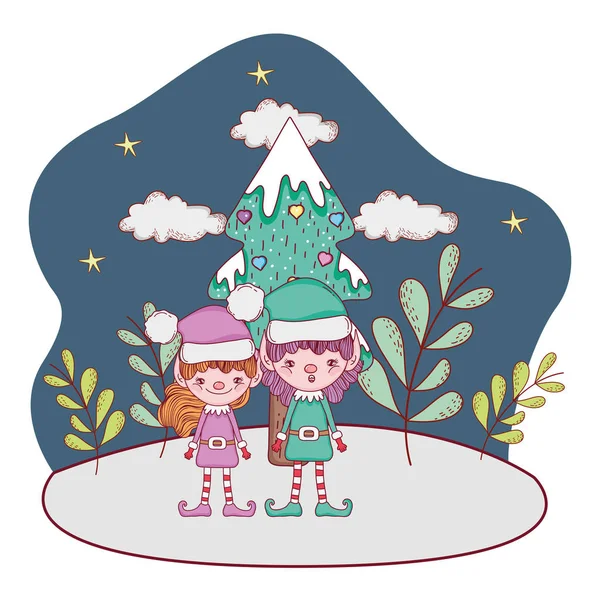 Mignon Santa Helpers Couple Dans Paysage Neige Vectoriel Illustration Design — Image vectorielle