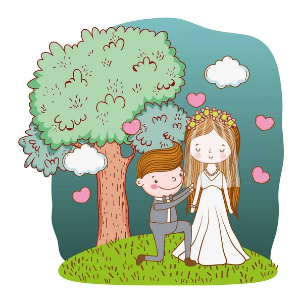 Paar Bruiloft Voorstel Natuur Landschap Cute Cartoon Vector Illustratie Grafisch — Stockvector