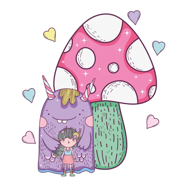 Fairy Monster Fungus Hearts Vector Illustration Design — Stock Vector