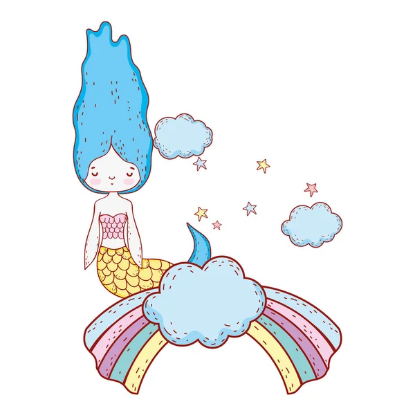 Niedliche Meerjungfrau Mit Wolken Und Regenbogen Vektor Illustration Design — Stockvektor