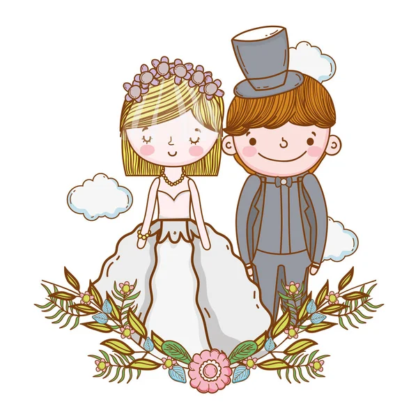 Couple Mariage Mignon Portrait Feuilles Cadre Vectoriel Illustration Conception Graphique — Image vectorielle