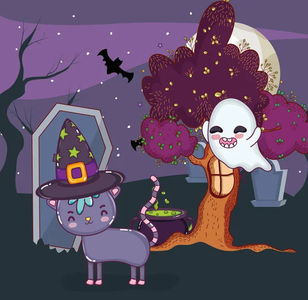 Notte Halloween Con Gatto Fantasma Carino Cartoni Animati Vettore Illustrazione — Vettoriale Stock