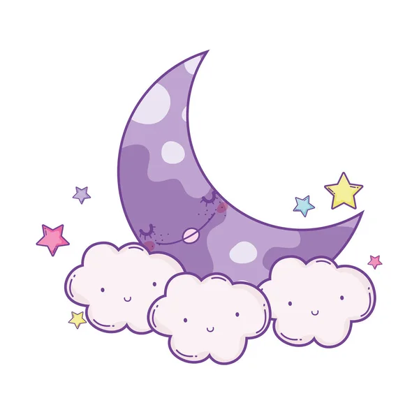 Nuvole Luna Sorridente Con Stelle Simpatici Cartoni Animati Vettoriale Illustrazione — Vettoriale Stock