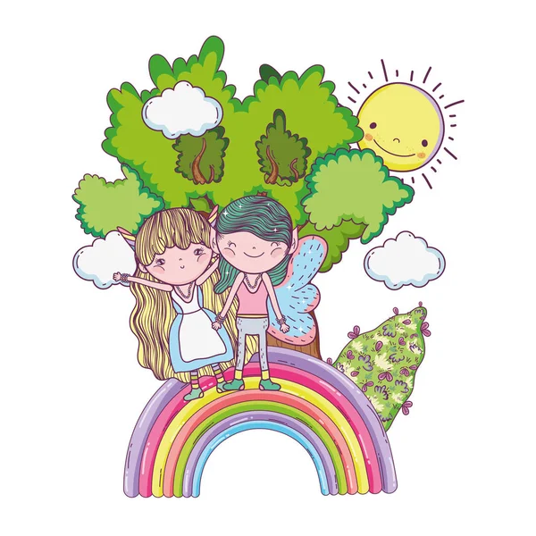 Lindo Poco Hadas Pareja Con Arco Iris Sol Vector Ilustración — Archivo Imágenes Vectoriales