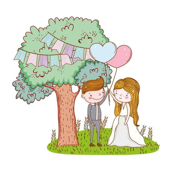 Пара Свадьбы Милый Мультяшный Лес Деревьями Воздушными Шарами Векторные Иллюстрации — стоковый вектор