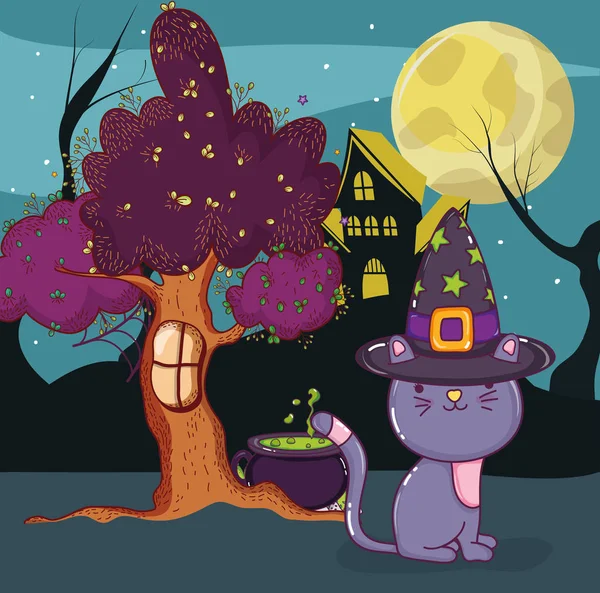 Halloween Night Cat Przerażające Bajki Wektor Projekt Graficzny Ilustracja — Wektor stockowy