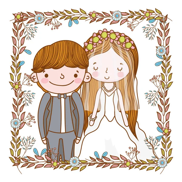 Svatební Pár Opouští Snd Květiny Věnec Roztomilé Kreslené Vektorové Ilustrace — Stockový vektor