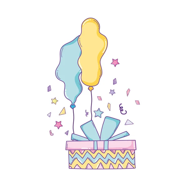 Feliz Cumpleaños Caja Regalo Globos Con Estrellas Corazones Dibujos Animados — Vector de stock