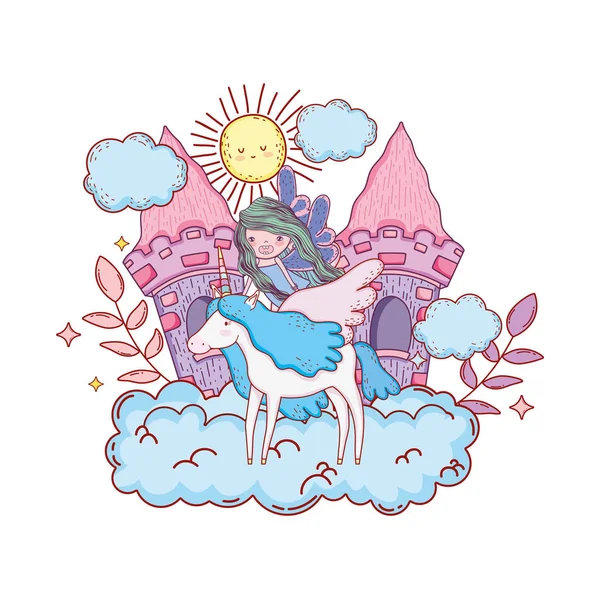 ユニコーンと雲のベクトル イラスト デザインで妖精の城 — ストックベクタ