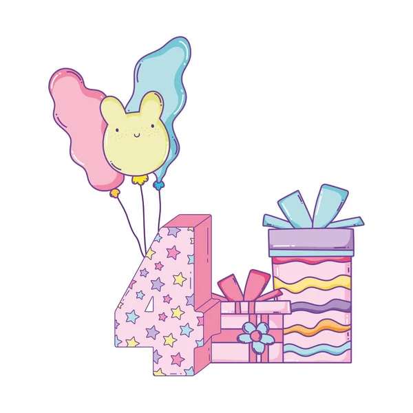 Joyeux Anniversaire Numéro Quatre Ballons Avec Des Cadeaux Dessins Animés — Image vectorielle