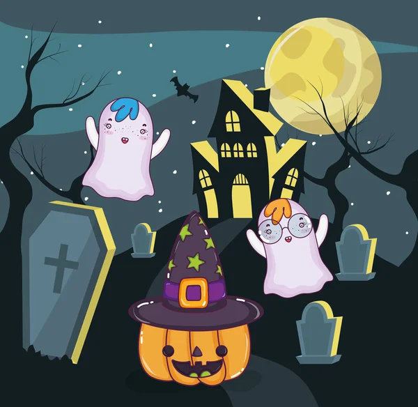 Halloween Night Ghosts Flying Cemetery Cartoon Vector Illustration Graphic Design — Stock Vector