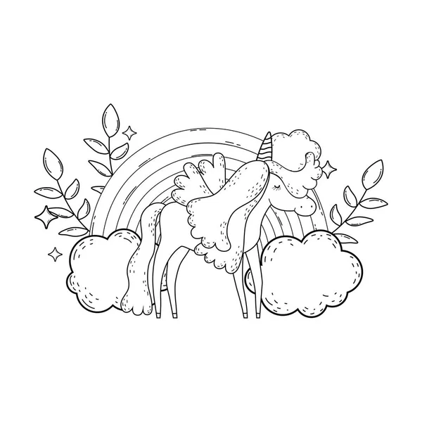 Carino Unicorno Con Nuvole Disegno Illustrazione Vettoriale Arcobaleno — Vettoriale Stock