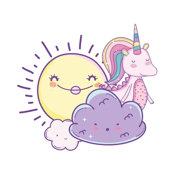 Unicorn Flying Clouds Smiling Sun Cute Cartoons Vector Illustration Graphic — Stock Vector