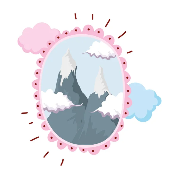 Landschap Met Sneeuw Berg Circulaire Frame Vector Illustratie Ontwerp — Stockvector