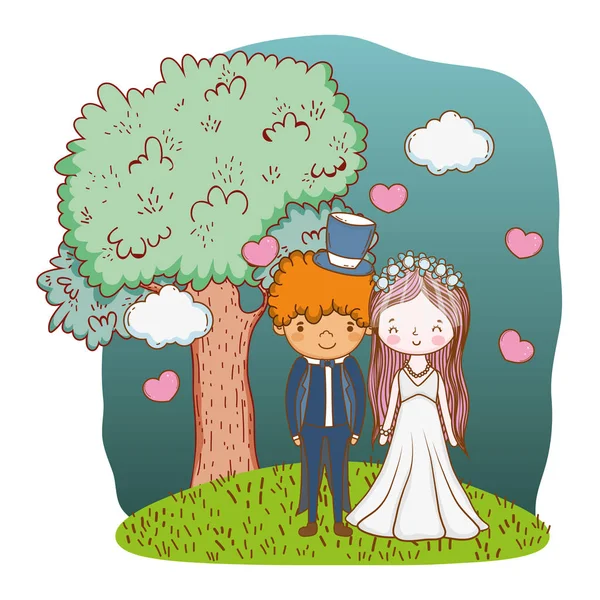Coppia Matrimonio Sulla Natura Paesaggio Carino Cartone Animato Vettore Illustrazione — Vettoriale Stock