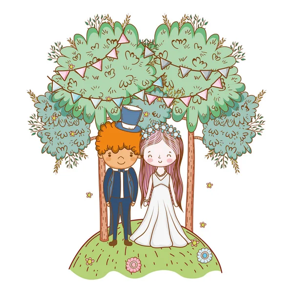 自然風景かわいい漫画ベクトル イラスト グラフィック デザインのカップルの結婚式 — ストックベクタ