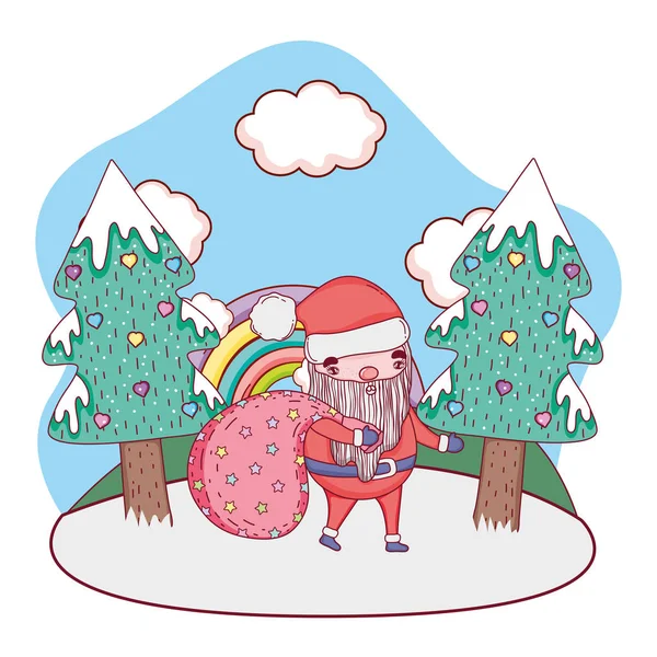 Niedlichen Weihnachtsmann Mit Tasche Der Landschaft Vektor Illustration — Stockvektor