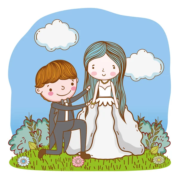 Couple Wedding Proposal Nature Landscape Cute Cartoon Vector Illustration Graphic — Stock Vector