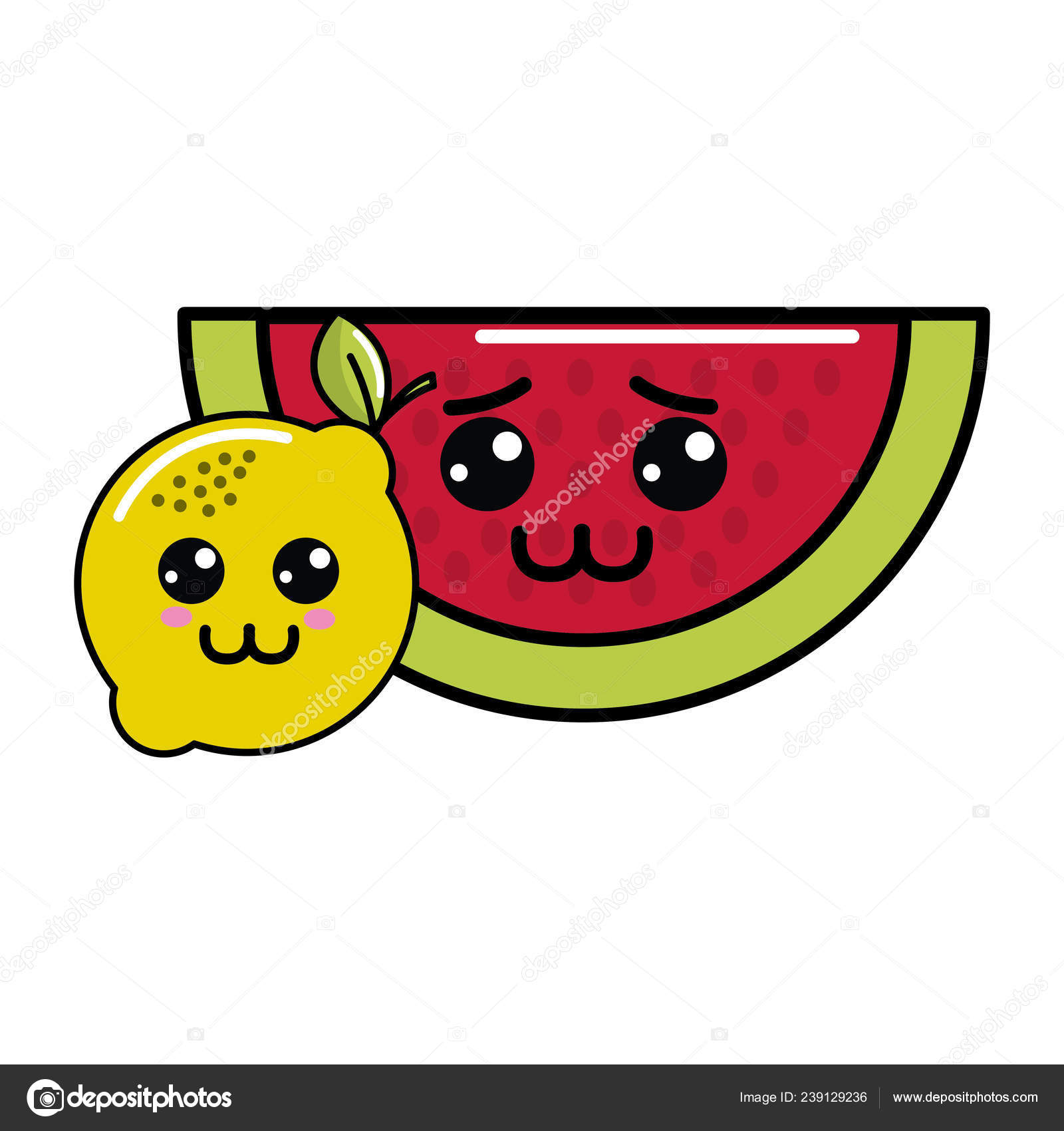 Kawaii Pasteque Triste Icone Citron Heureux Dessin Vectoriel Illustration Image Vectorielle Par Stockgiu C Illustration