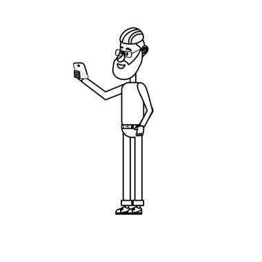 satır güzel adam saç modeli ve el vektör çizim içinde smartphone