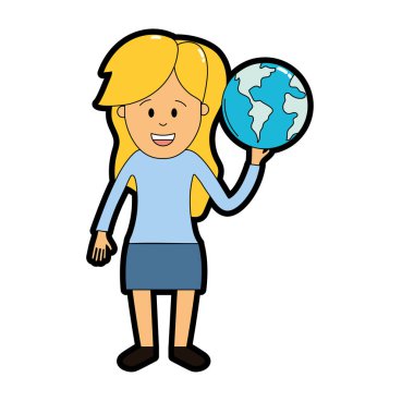 küresel dünya gezegen el vektör çizim içinde kadınla