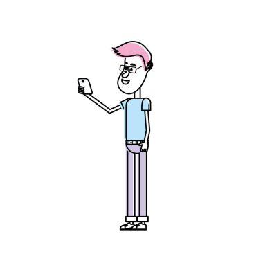 güzel adam saç modeli ve el vektör çizim içinde smartphone