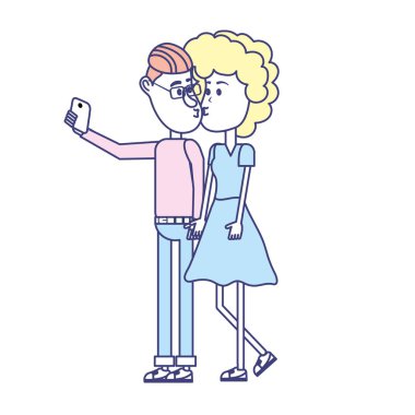 çiftin öpüştüğünü ve akıllı telefon vektör çizim ile alarak selfie
