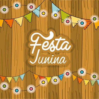 Festa junina zinciri ampuller ve ahşap arka plan, vektör çizim ile