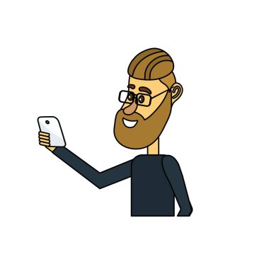 güzel adam saç modeli ve el vektör çizim içinde smartphone