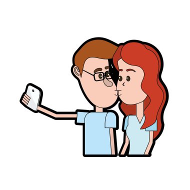 çiftin öpüştüğünü ve akıllı telefon vektör çizim ile alarak selfie