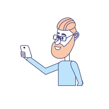 güzel adam saç modeli ve el vektör çizim içinde smartphone