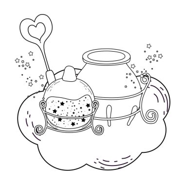 iksir şişesi ve değnek vektör çizim tasarımı ile sihirli cadı kazanı