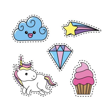 tek boynuzlu at rainbow ile ayarla ve tasarlamak vektör bulut