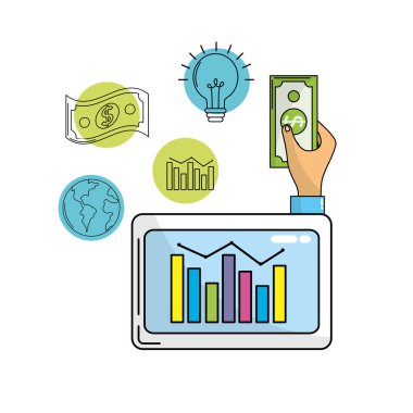 iş istatistikleri bar bilgisayar ve nakit para vektör çizim içinde