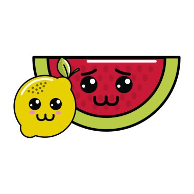 Kawaii üzgün karpuz ve mutlu limon kutsal kişilerin resmi, vektör çizim tasarım